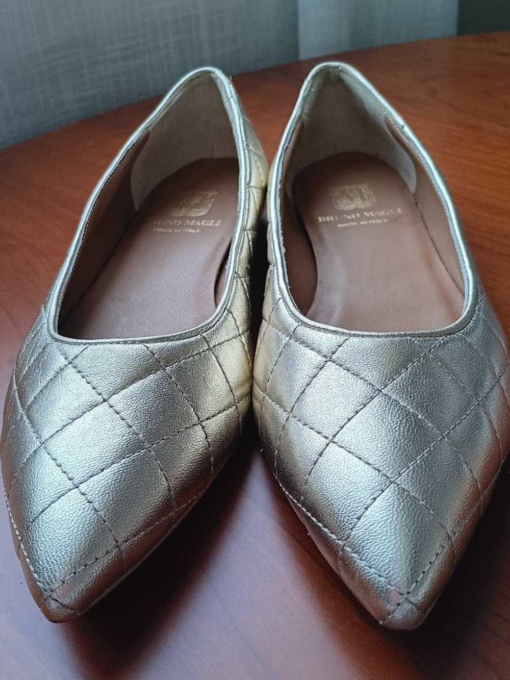 Bruno Magli Italian Gold Leather Quilted Point Toe Ballet Flat